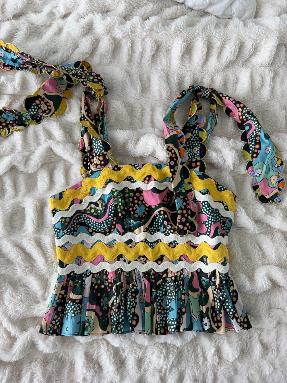 CeliaB Yellow & Multicolor Ruffled Tie-Shoulder Crop Top